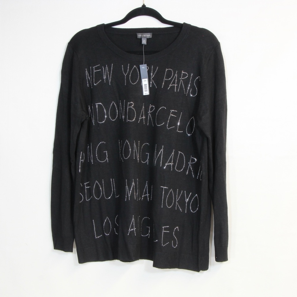 The Limited Black/Silver Studded New York Paris London Lightweight Sweater NWT